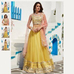 Lashkaraa Yellow and Pink Embroidered Net Lehenga XS NWOT